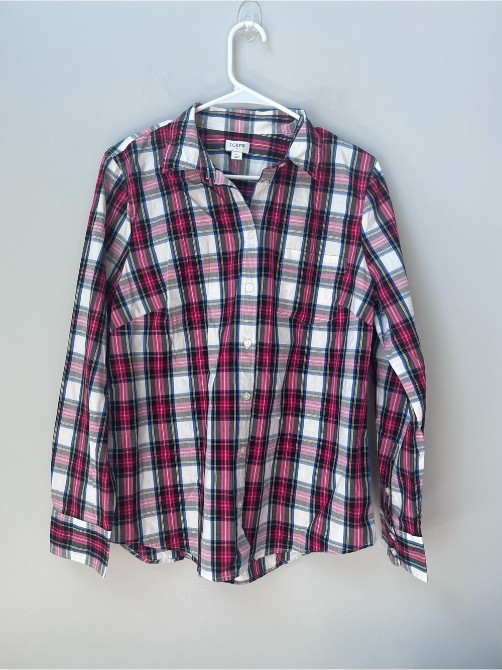 J. Crew White Stewart Dress Moder Plaid Cotton Poplin Signature Fit - Large